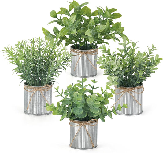Mkono 4 Packs Small Fake Plants in Farmhouse Galvanized Pots Table Centerpiece Mini Potted Artificial Plants Faux Eucalyptus for Shelf Office Rustic Home Decor