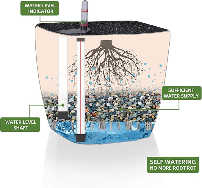 Dexceder 13x12 Self Watering Planter with Wheels Indoor Outdoor, Inner Mat Design, Thickened Large Floor Standing Flower Plant Pot with Water Level Indicator (Stone Matte)