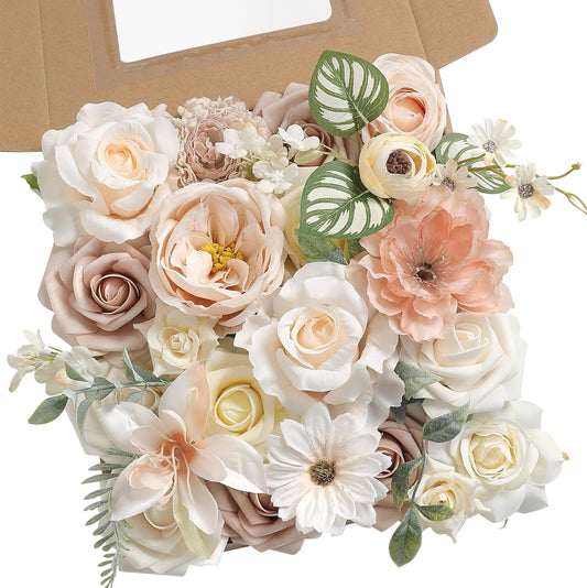 Flesh Color Artificial Flowers Silk Fake Roses Peonies Greenery Combo Box Set for DIY Wedding Bouquets Bridal Shower Centerpieces Floral Arrangements Party Tables Home Decoration