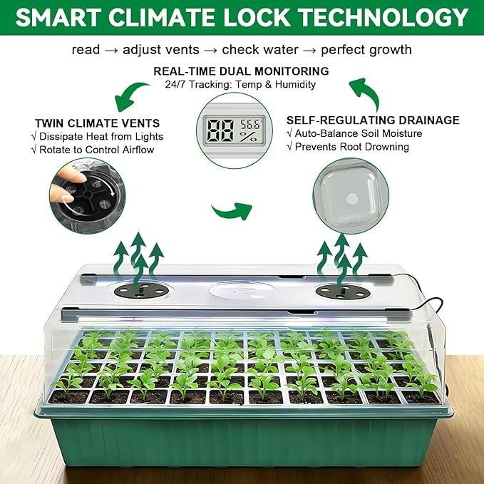 Yioviru Self-Watering Seed Starter Tray with Grow Light,60-Cell Seed Starter Kit with Humidity Dome,Seed Germination Kit,User-Friendly Plant Germination Trays for Indoor Plants
