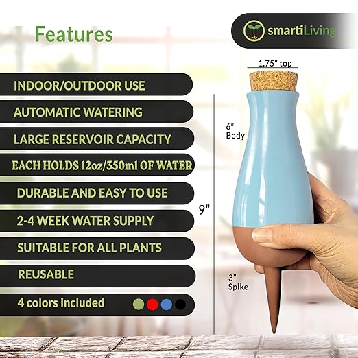 SmartiLiving Drip Irrigation Stakes - Extra Large Improved Drip Easy-Refill 4 Week Waterer System with Large Reservoir Bulbs - Automatic Self-Watering Device for Indoor & Outdoor Plants