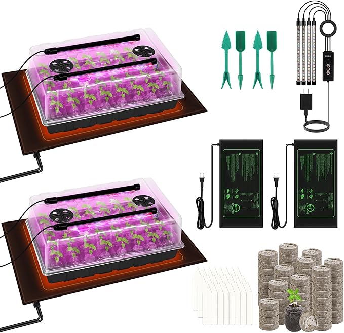 Hahood 2 Set Seed Starter Kit 40-Cell Seed Starter Tray with Grow Light Full Spectrum Seedling Heat Mat 40 Peat Pellets Seed Starting Soil Plant Label Garden Tool for Germination Seeds Growing, Black
