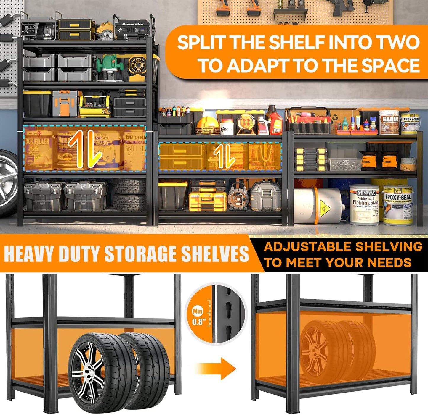 78''H Garage Shelving Heavy Duty Garage Storage Shelves, 3000 LBS Adjustable 5 Tier Industrial Shelving Unit, Metal Utility Shelf for Basement, Warehouse and Workshop (78''Hx36''Wx16''D, Black)