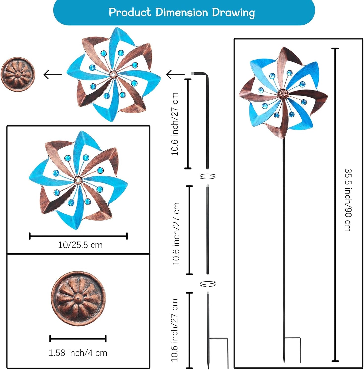 Wind Spinners Outdoor, 10 inch Wind Sculptures & Spinners, Metal Kinetic Wind Spinner, Decorative Pinwheels Large Wind Spinners for Yard and Garden Decor, Blue