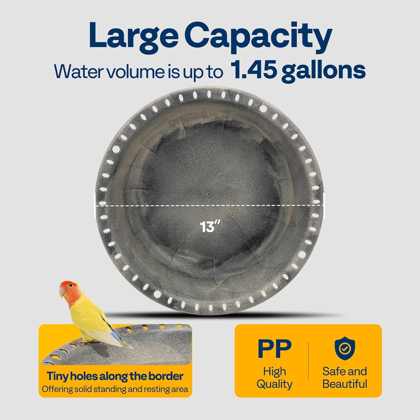 VIVOHOME Polyresin Bird Bath Bowl with Metal Stake, 29 Inch Height Outdoor Freestanding Birdfeeder, Capacity 1.4 Gallons, 5-Pronged Base, Gray