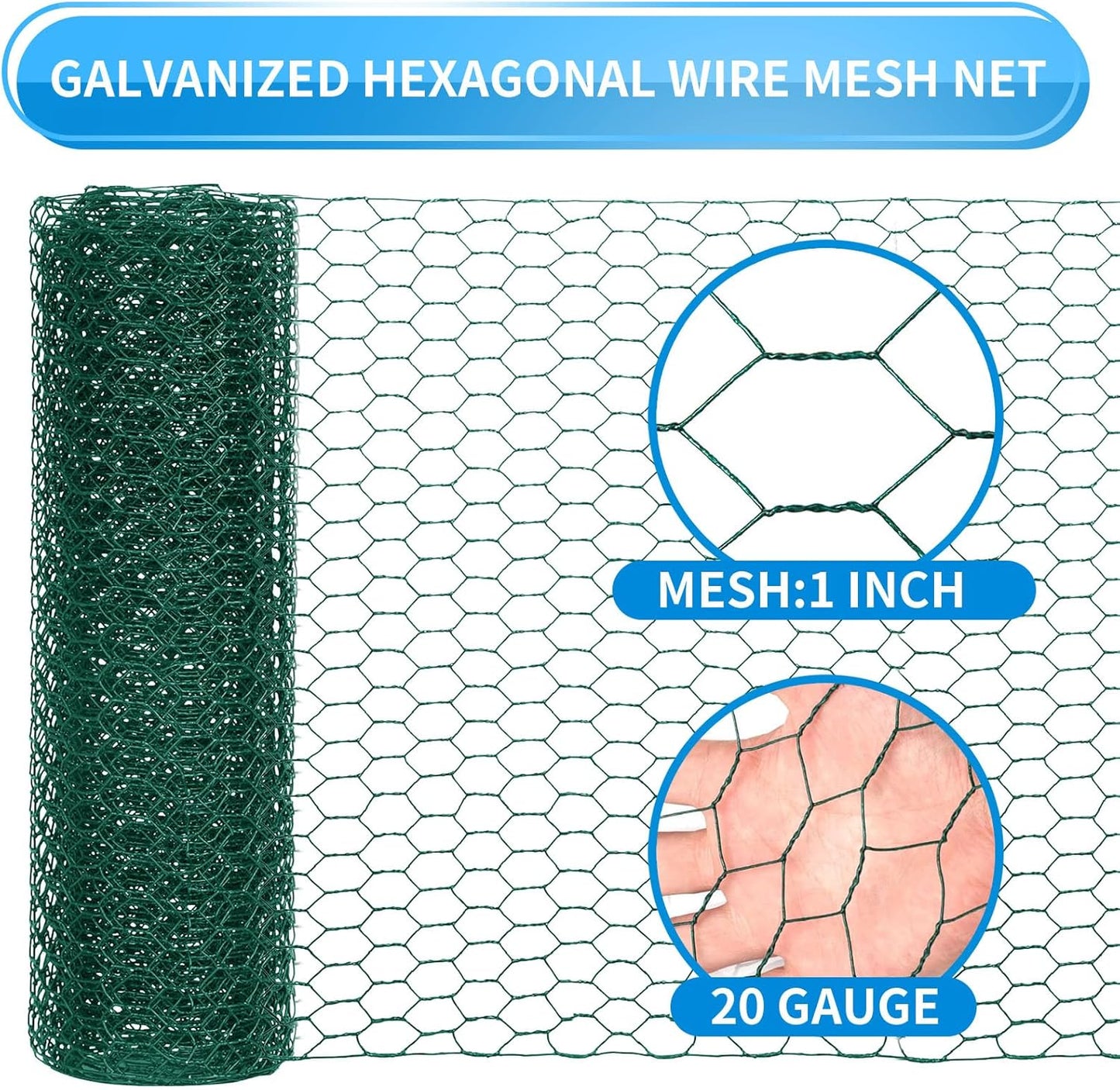 48'' x 150' Green Chicken Wire Fencing, 1 inch Chicken Wire and 20 Gauge Poultry Netting, Garden Mesh Fence Roll for Floral Arrangements/Crafts/Farm/Livestock/Pet Protection