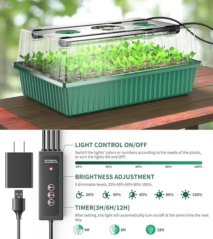 Guioiby Seed Starter Tray, 120-Cells Seed Starter Kit with Grow Light, 2 Pack Reusable Seeding Starter Trays with Air Vent Humidity Domes for Greenhouse Gardening Indoor Planting Growing (Green Base)