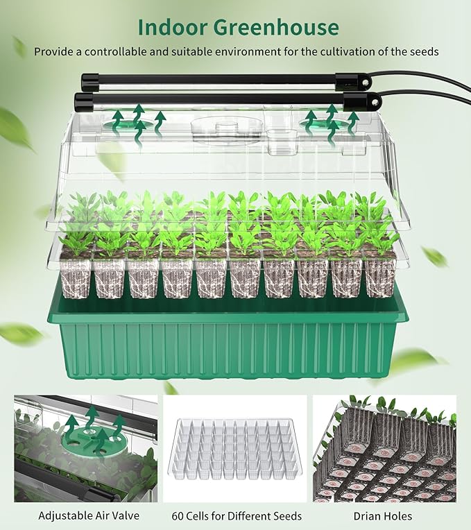 Guioiby Seed Starter Tray, 120-Cells Seed Starter Kit with Grow Light, 2 Pack Reusable Seeding Starter Trays with Air Vent Humidity Domes for Greenhouse Gardening Indoor Planting Growing (Green Base)