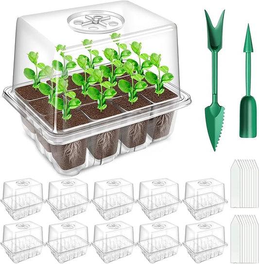 YAUNGEL Seed Starting Trays, 10 Pack 120 Cells Thicken Seed Starter Tray Kit with Humidity Dome/Heightened Lids Durable Growing Trays for Greenhouse & Gardens, Transparent