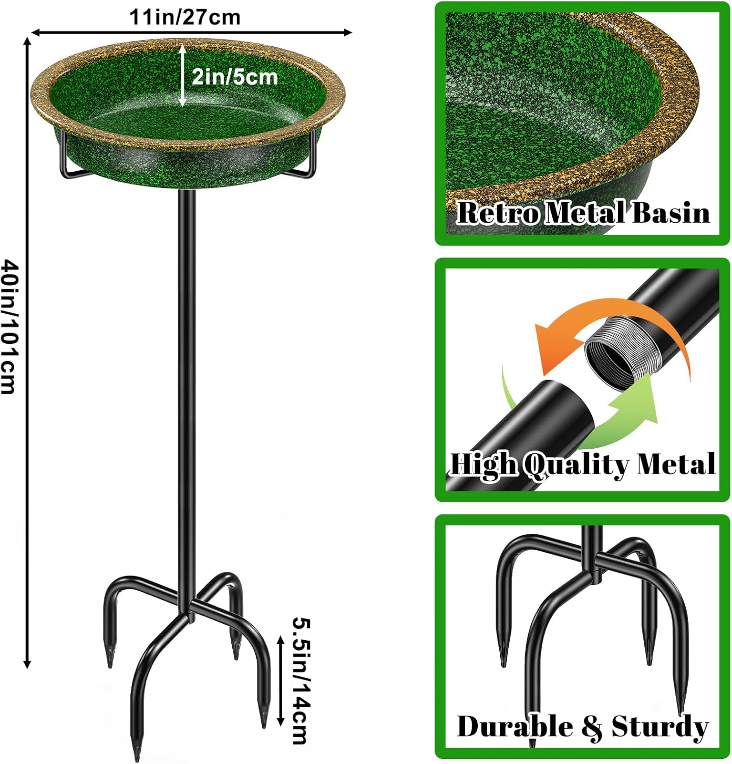38In Metal Bird Bath for Outside, Vintage Freestanding Birdbaths & Birdfeeder, Detachable Decoration Spa Bird Feeder for Outdoors Garden Patio Yard Lawn, 4 Spiky Feet(Green)