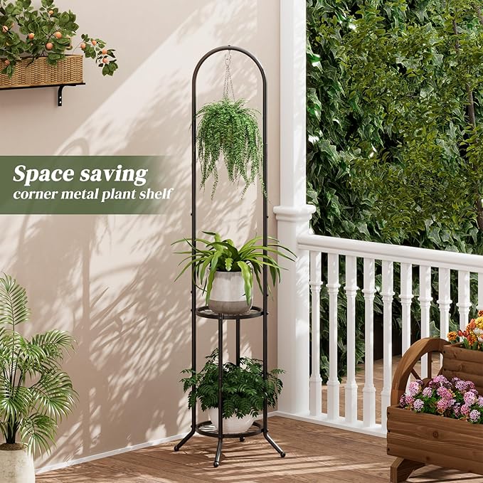 PULIJIAJU 2-tier Hanging Plant Stand Indoor and Outdoor, Space-Saving Iron Plant Shelf, 3 Potted Flower Pot Stand ,Planter Holder for Bedroom Balcony Living Room Patio Garden( n-style)