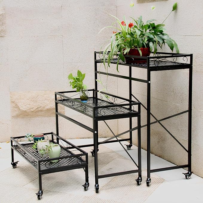 Zhongma Sturdy Metal Plant Stand with Wheels,Heavy Duty Succulent Shelf for Home Indoor and Outdoor, 220 LBS Capacity & Heavy Duty Construction, 36.6 x 16 x 26.2 in High