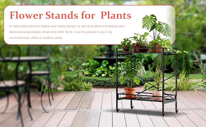 Zhongma 2 Tier Sturdy Metal Plant Stand with Wheels,Heavy Duty Succulent Shelf for Home Indoor and Outdoor, 440 LBS Capacity & Heavy Duty Construction,32.7x16x39.4 Inch High