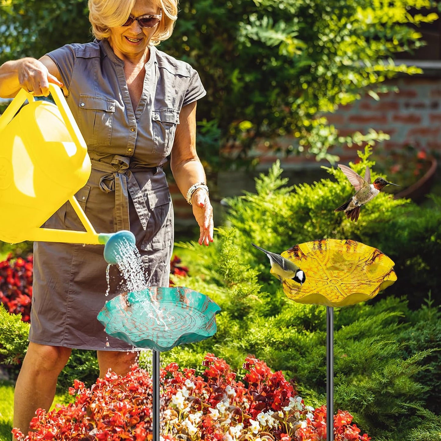 4PCS Hummingbird Bird Bath for Outside, Freestanding Metal Flower BirdBaths Bowl with Stake, Detachable Birdfeeder for Outdoor Yard Lawn Garden Decor (4PCS-Red-Yellow-Blue-Green)