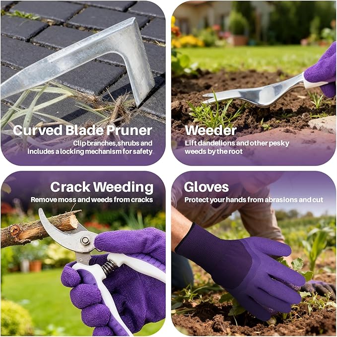 MelonArt Garden Tool Set, 10 Pcs Heavy Duty Gardening Tool Kit Women Garden Gift Set Aluminum with Non Slip Ergonomic Handle, Storage Tote Bag and Gloves, Garden Supplier for Women&Men(Purple)