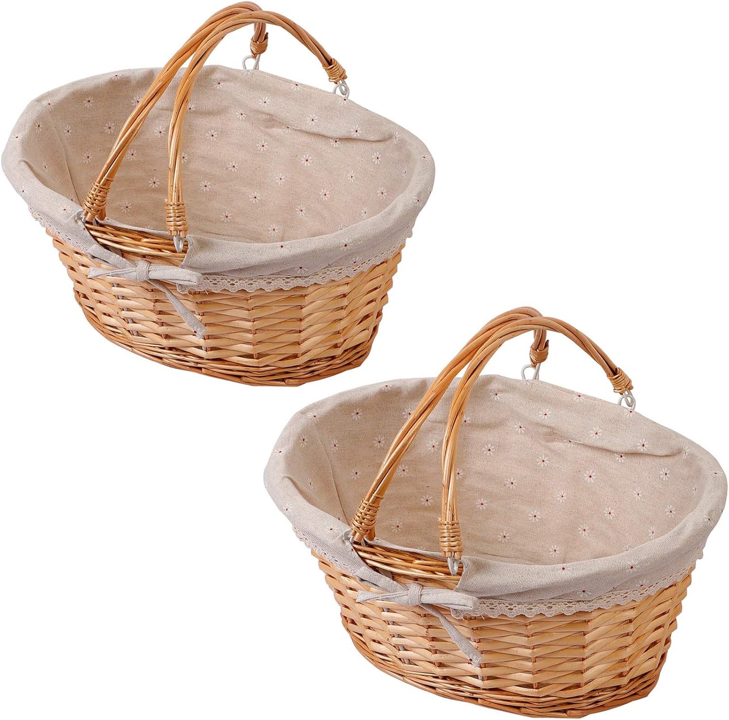 KINJOEK 2 Packs Wicker Woven Basket, 13" x 9" x 4.8" Multipurpose Natural Willow Basket with Handle Premium Linen Cotton Cloth Lining for Storage and Decoration, Natural