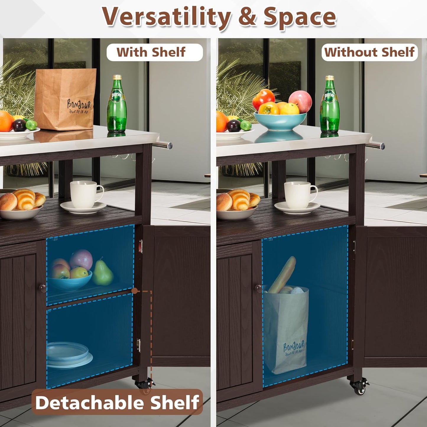 Spurgehom Outdoor Grill Table Solid Wood Storage Cabinet, Rolling Kitchen Island, Movable Bar Cart with Stainless Steel Top for Outside Patio, Backyard, Garden (Two Doors)