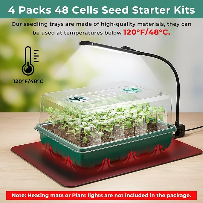 Hanaoyo 192 Cells Seed Starter Tray, 4 Packs Seed Starter Kit with Humidity Vented Domes and High Lid, Germination Kit for Indoor Greenhouse Seed Starter