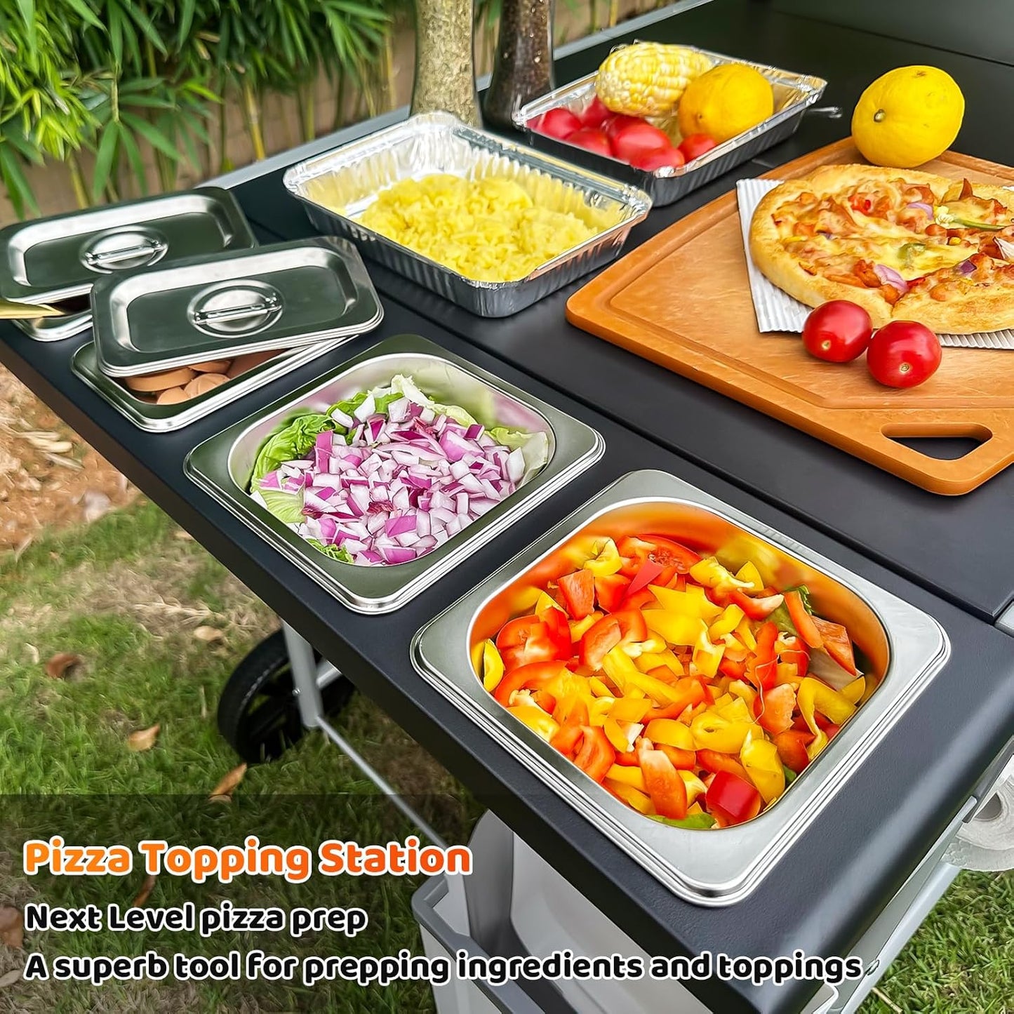 Pizza Oven Table Grill Cart with Pizza Topping Station Movable Food and Prep Workcart Outdoor Grill Table Stand for Ninja Woodfire Blackstone Griddle Cuisinart etc Grill