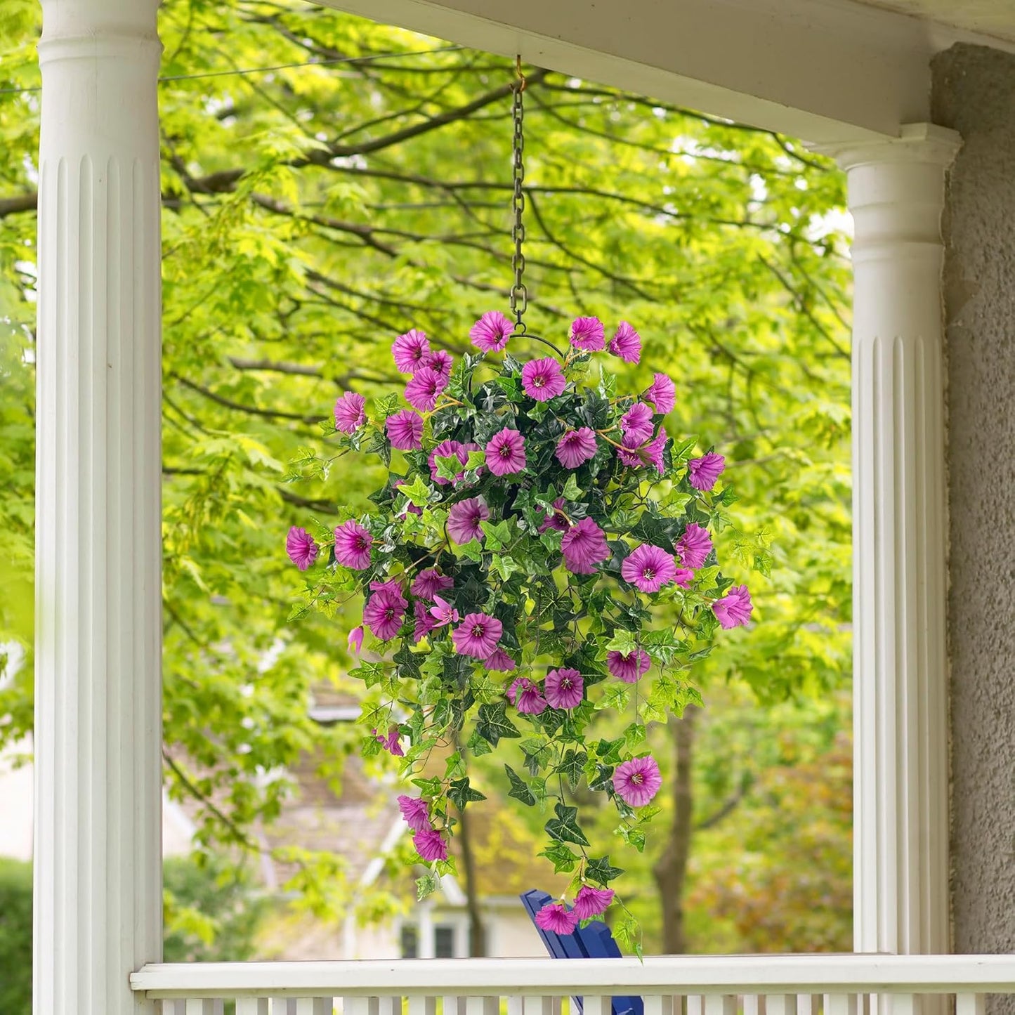 Artificial Petunias Hanging Flowers for Outdoors Uv Resistant Fake Petunias Plants Hanging Flower Patio Decor Outside Basket Realistic Silk Petunias Plant (with Pot Purple 2 PCS)