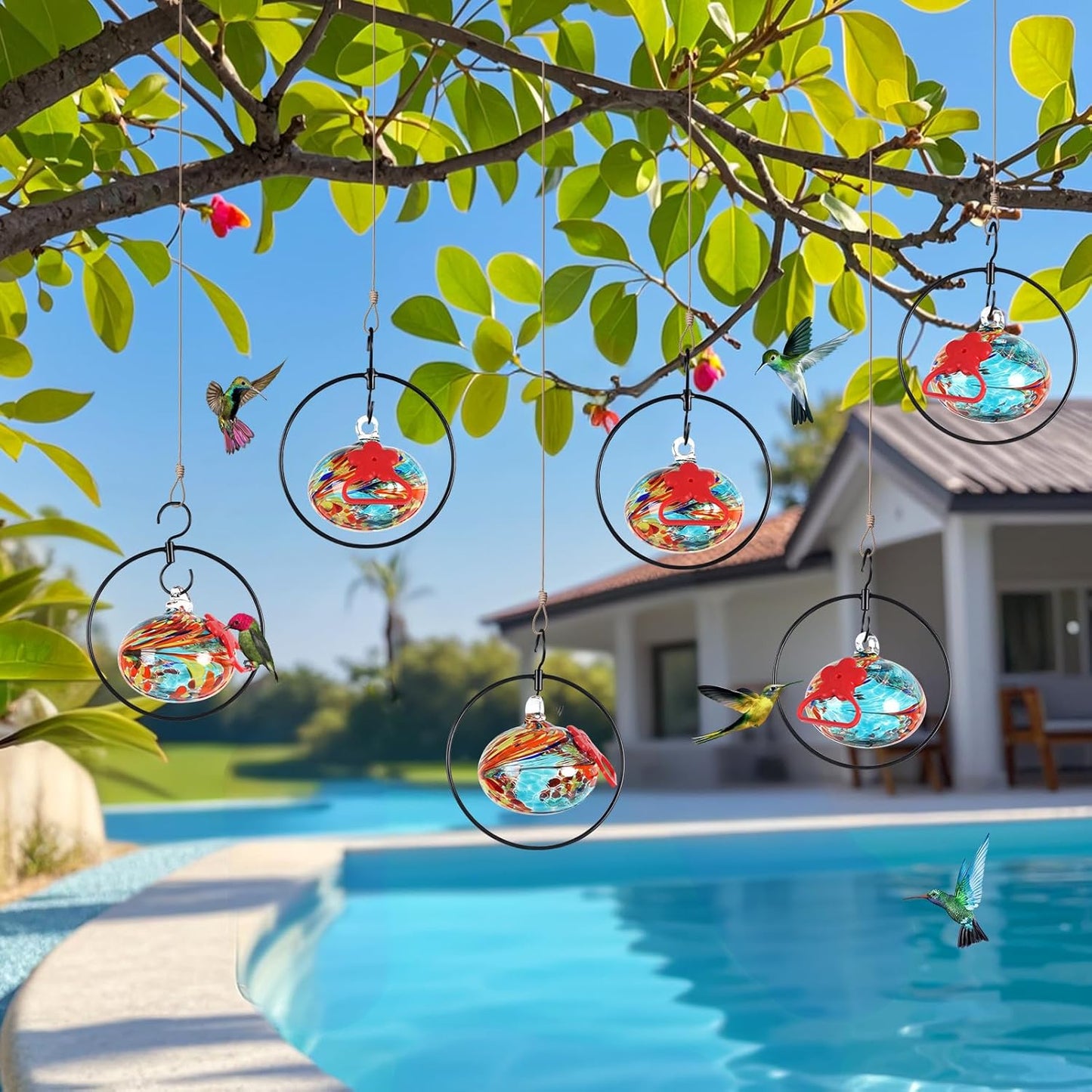 Flexible 6-Circular Hummingbird feeders for Outdoors Hanging Ant and Bee Proof,Hand Blown Glass Hummingbird Feeder with 6 Adjustable Silicone Perch(Blue)