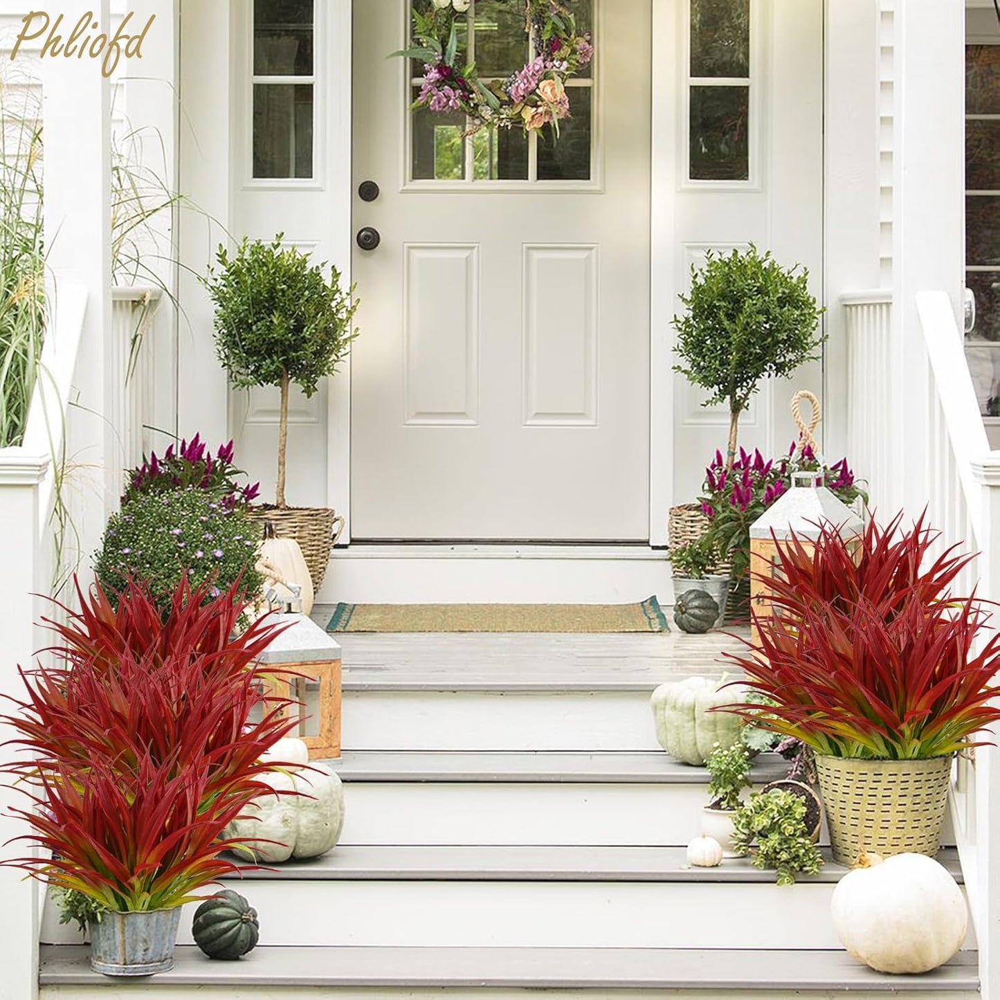 6Pcs Artificial Grass Fake Plants 17.3in Outdoor Plants UV Resistant Greenery Stems Fake Grass for Home Window Garden Office Patio Pathway Front Porch Christmas Décor Light Green & Red