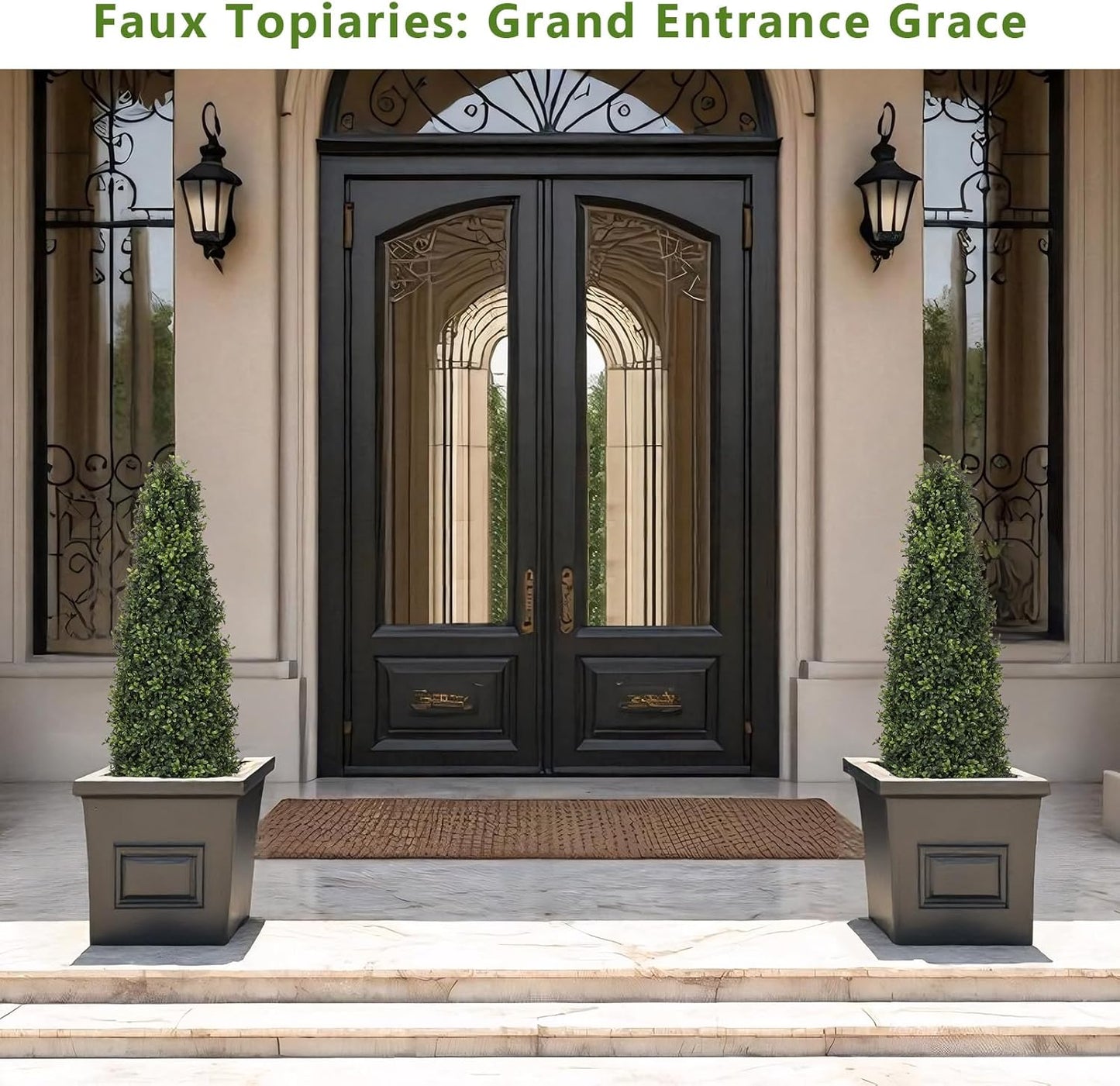 4ft Artificial Boxwood Topiary Trees (Set of 2) - UV Resistant Faux Plants Outdoor, Realistic 48in Fake Potted Bushes and Shrubs for Front Porch, Planter, Patio - Low Maintenance & Evergreen