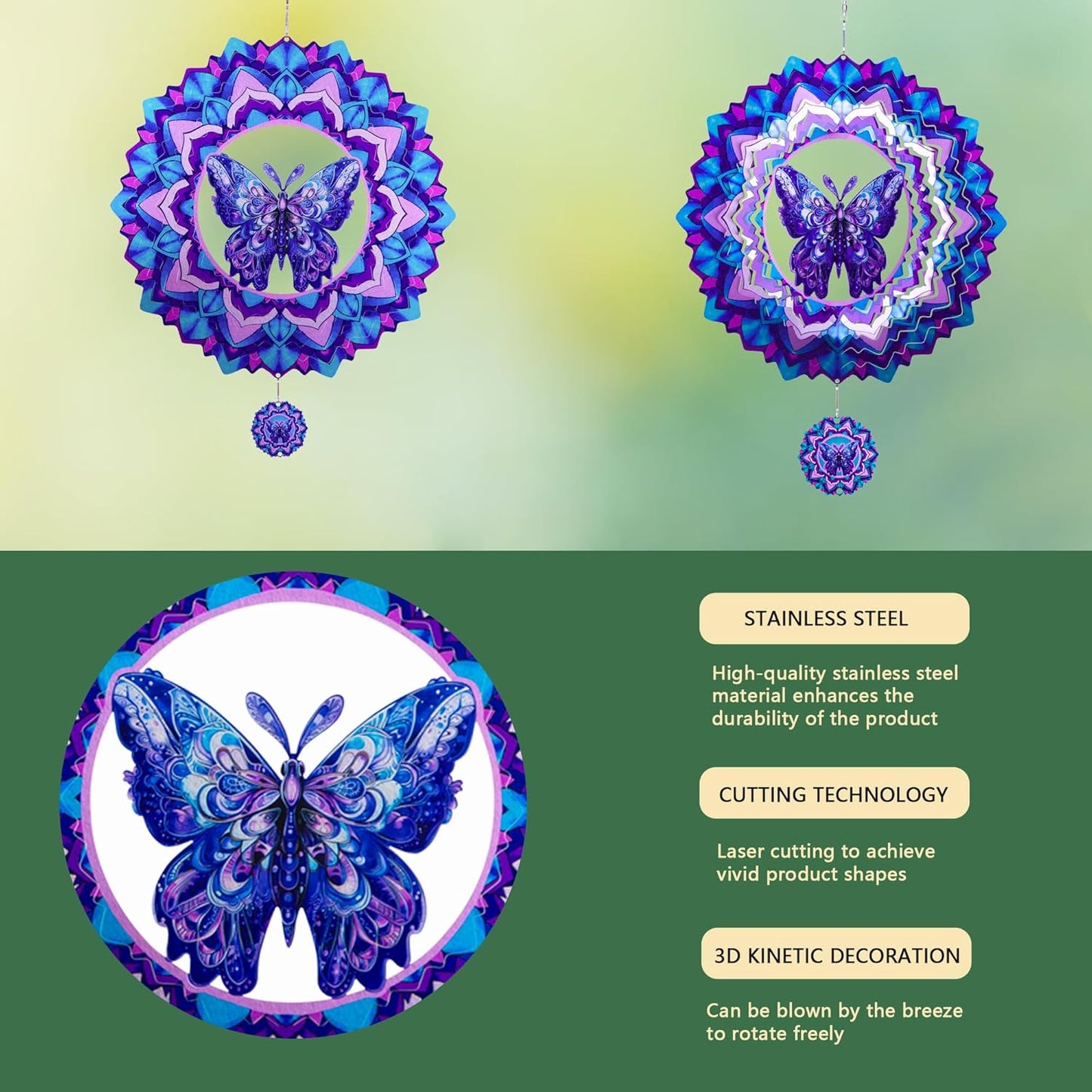 Butterfly Wind Spinner,Hanging Wind Spinners Outdoor for Garden Decoration，12 inch 3D Stainless Steel Wind Sculpture for Indoor/Outdoor Decor