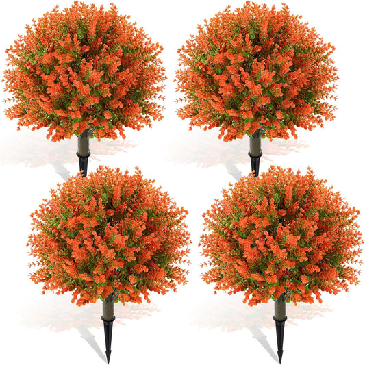 Yunlly 4 Pcs 18 Inch Fall Artificial Boxwood Ball Topiary Tree Outdoor Plants Bush, UV Resistance Faux Shrub with Spike Fall Porch Decor for Indoor Garden Yard Porch Patio Decor (Orange)