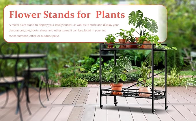 Zhongma 2 Tier Sturdy Metal Plant Stand with Wheels,Heavy Duty Succulent Shelf for Home Indoor and Outdoor, 440 LBS Capacity & Heavy Duty Construction,36.6x16x39.4 Inch High