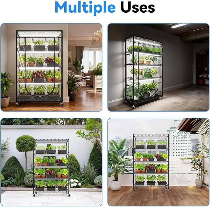 JESLED Indoor Greenhouse with Grow Light, 4FT Full Spectrum 5000K LED Light for Seed Starting, Tiered Lighting Control, Built-in Timer & Thermo-Hygrometer, Rolling Metal Plant Stand (47.2x13.8x70IN)