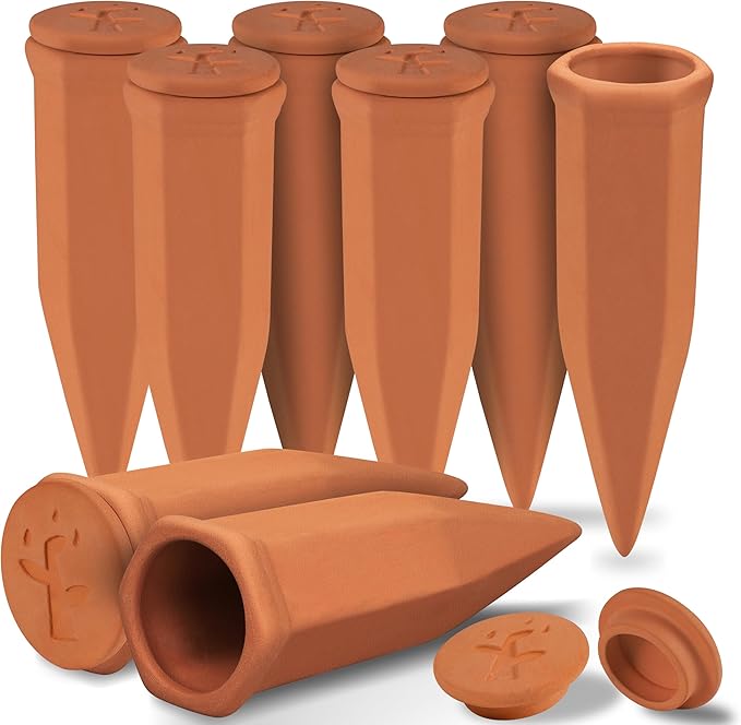 Soilagua Large Terracotta Watering Spikes with Lids, Automatic Plant Waterer Outdoor | Indoor, Vacation Friendly Clay Plant Watering Devices System, Slow Release Self Watering Planter Insert, 8 Pack