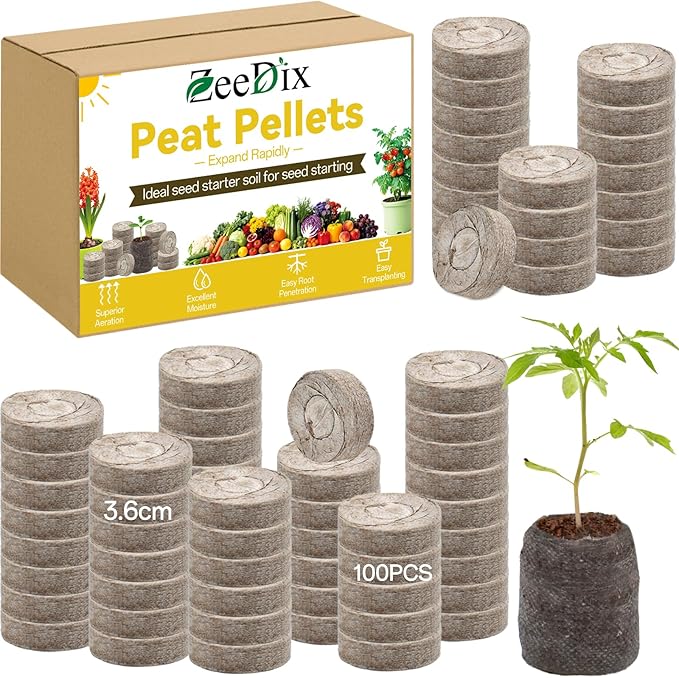 ZeeDix 100Pcs 36mm Peat Pellets for Seedlings, Seed Starter Pods Seed Starting Plugs Soil, Compressed Nutrient Block Potting Soil Discs Pellet for Planting Herbs Flowers Vegetables