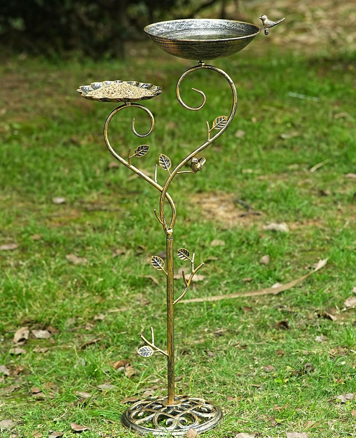 37" H Cast Iron Pedestal Bird Bath, 2 in1 Bird Baths for Outdoors/Metal Bird Feeder Bowl Tray,Vintage Metal Bird Bath Garden Yard Decor