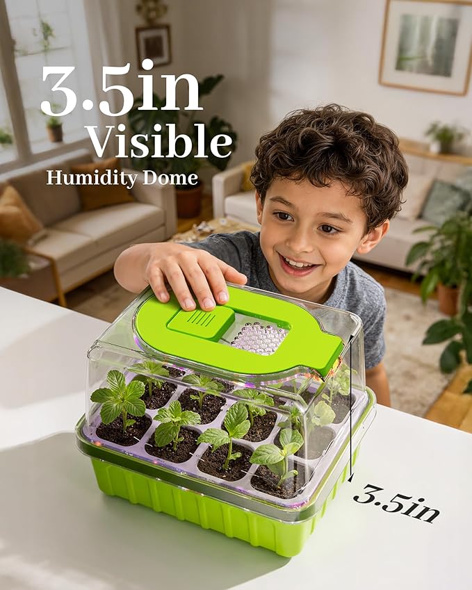 RAINPOINT 2 Pack Seed Starter Tray with Grow Light,2 * 12-Cell Indoor Seed Starter Kit,Flexible Silicone Designed Seedling Starter Trays,Germination Tray with Humidity Dome & Lids, Reusable