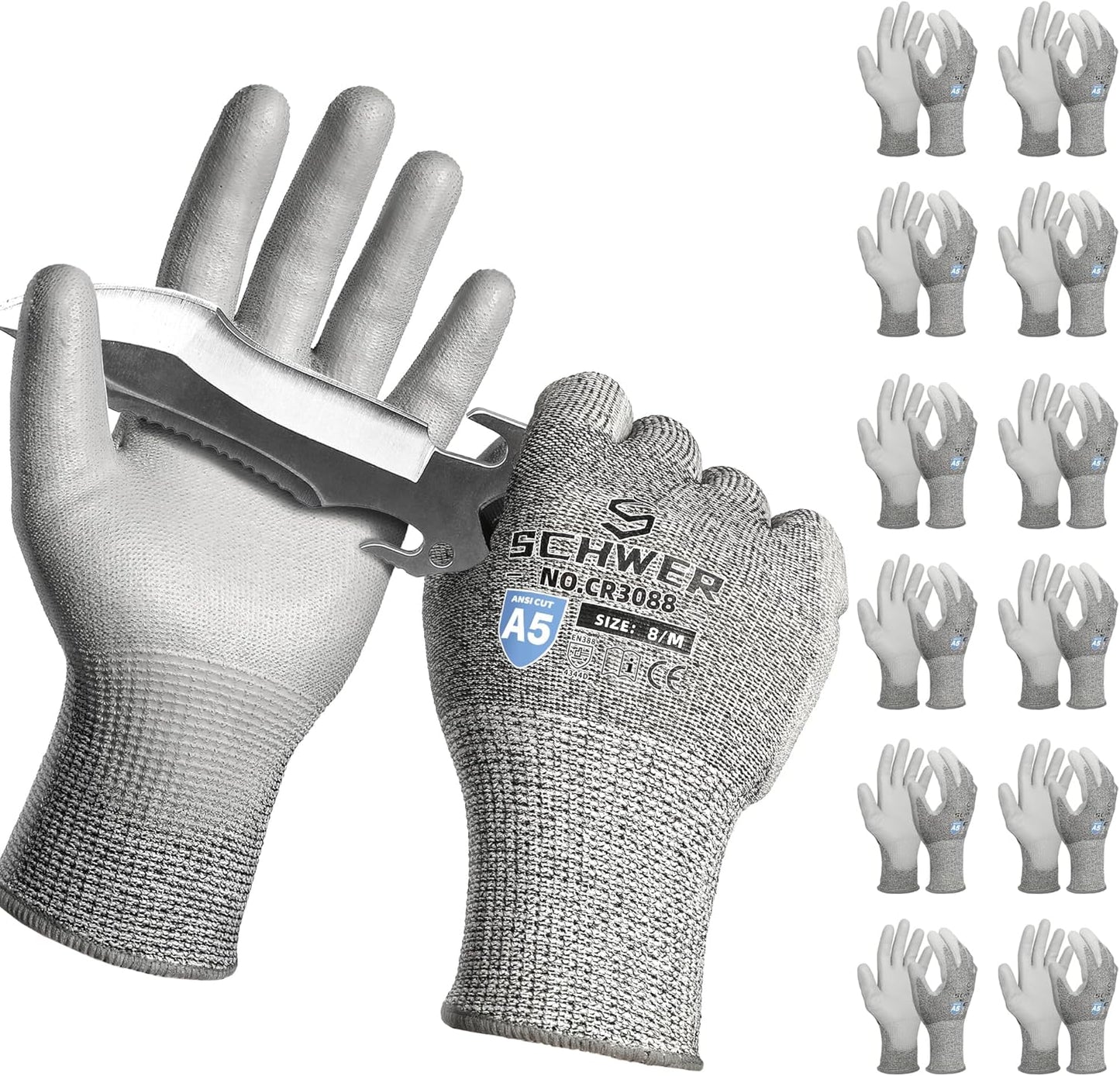 Schwer 240 Pairs ANSI A5 Cut Resistant Work Gloves, Cut Proof Gloves with PU Coating, Used for Metal Fabrication, WoodWorking, Construction, Non Slip, Durable, M, CR3088