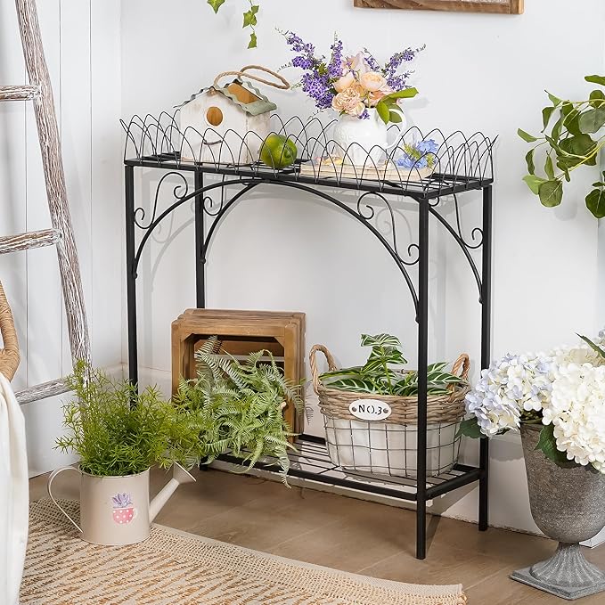 Black Long Double-Layer Plant Shelf, French Courtyard Style Metal Stand for Tall Potted Plants, Sturdy Indoor Outdoor Planter Holder Garden Decor