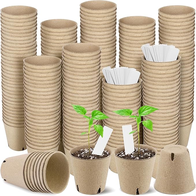Hahood 300 Pieces Peat Pots Seed Starters 3.15 Inch Peat Pots Round Biodegradable Seed Starting Pots with 300 Plant Labels, Planter Nursery Pots with Drainage Holes for Vegetable Seed