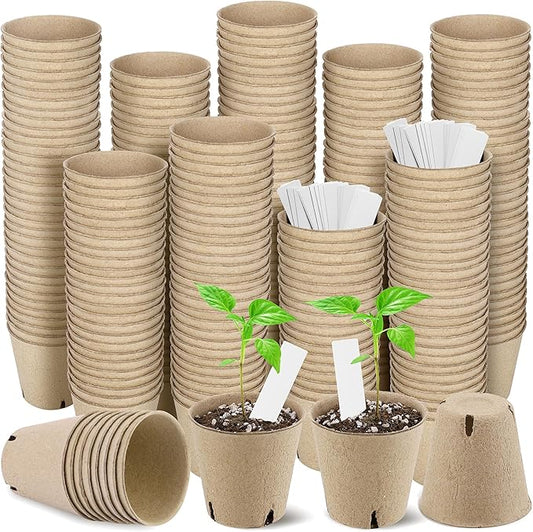 Hahood 300 Pieces Peat Pots Seed Starters 3.15 Inch Peat Pots Round Biodegradable Seed Starting Pots with 300 Plant Labels, Planter Nursery Pots with Drainage Holes for Vegetable Seed