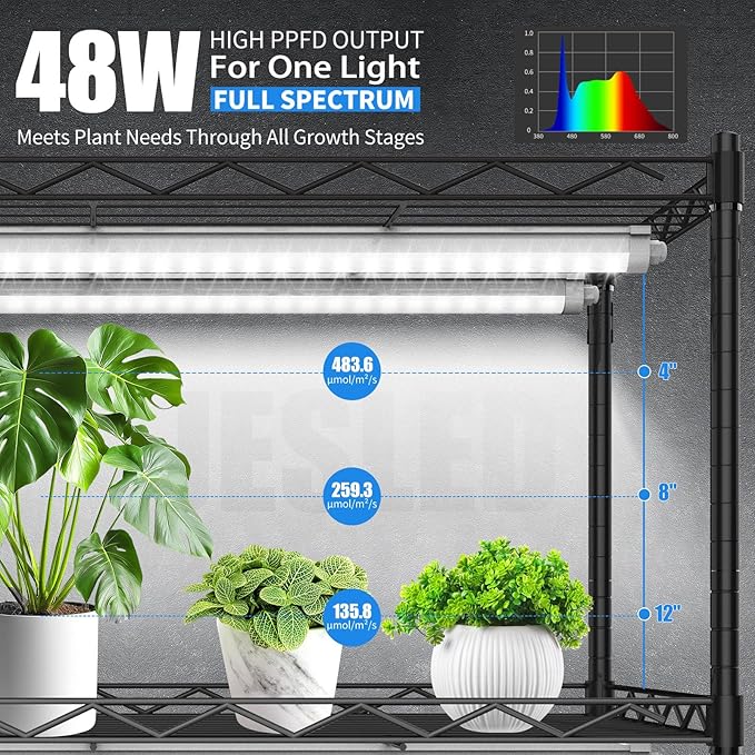 JESLED Indoor Greenhouse with Grow Light, 4FT Full Spectrum 5000K LED Light for Seed Starting, Tiered Lighting Control, Built-in Timer & Thermo-Hygrometer, Rolling Metal Plant Stand (47.2x13.8x70IN)