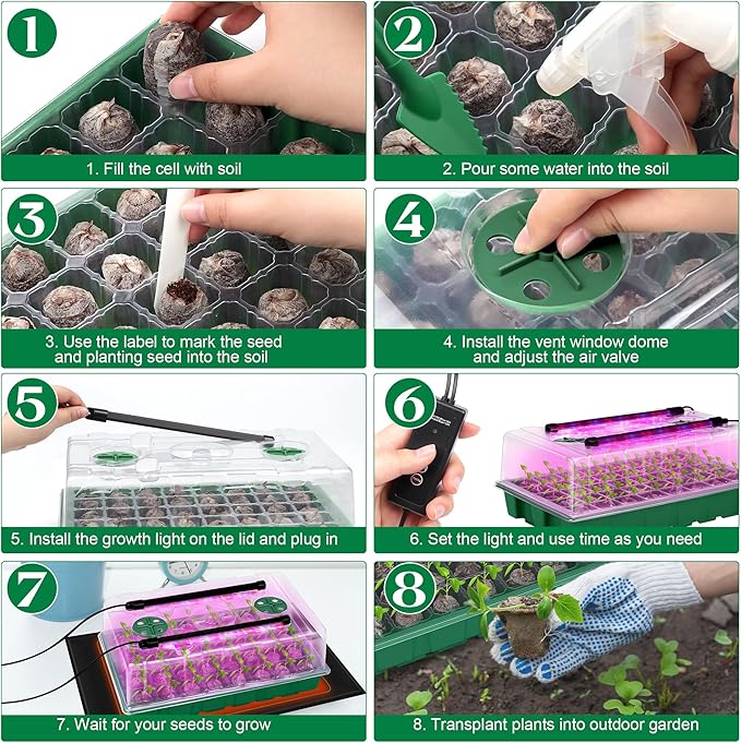 Hahood Seed Starter Kit 40-Cell Seed Starter Tray with Grow Lights Full Spectrum Seedling Heat Mat 40 Peat Pellets Seeds Starting Soil Plant Labels Garden Tools for Germination Seeds Growing, Green