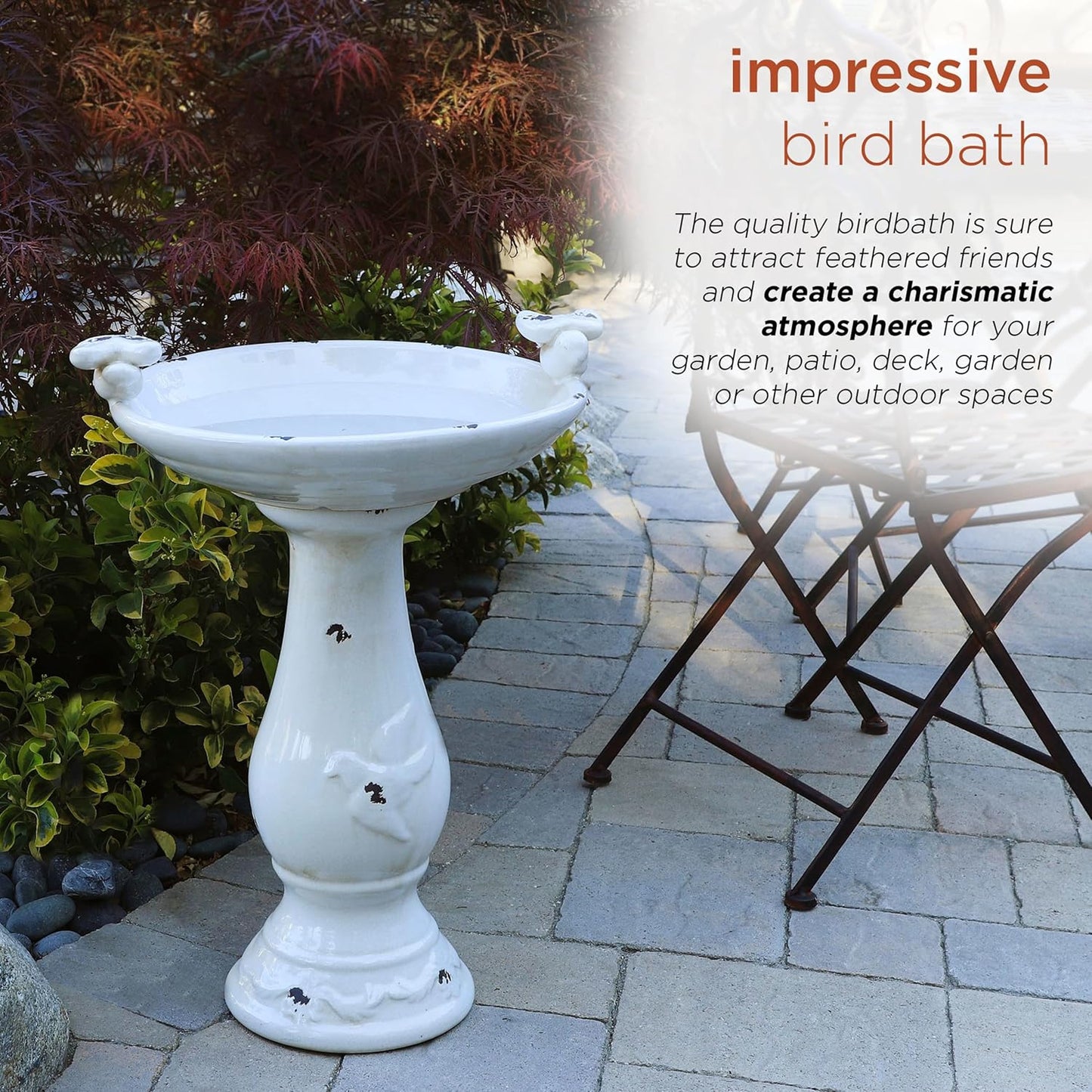 Alpine Corporation TLR102LBR 25" Outdoor Antique Ceramic Birdbath with Bird Figurines, Pedestal Bird Bath for Garden, Patio, Yard, or Deck Décor, Durable Weather-Resistant, Light Brown