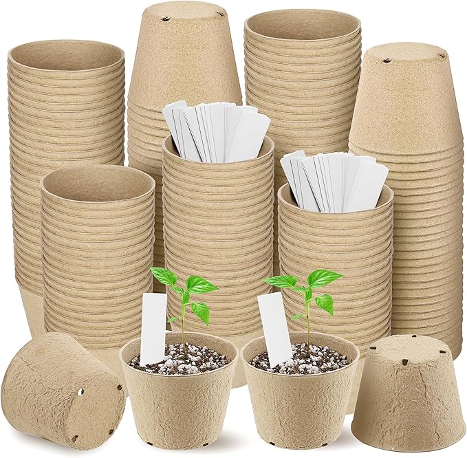 Hahood 160 Pieces Peat Pots Seed Starters 4 Inch Peat Pots Round Biodegradable Seed Starting Pots with 160 Plant Labels, Planter Nursery Pots with Drainage Holes for Vegetable Seed