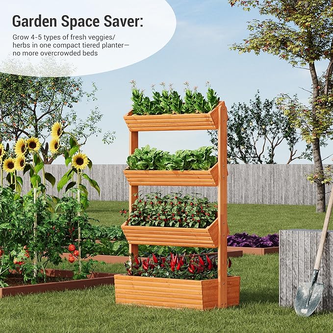 RHINEINMIST Vertical Wooden Raised Garden Bed Planters Wood Planter Kit Plant Stand Flower Rack Planter Box Gardening for Plants Herbs Flowers Vegetables Outdoor Indoor Freestanding (Orange 4-Tier)