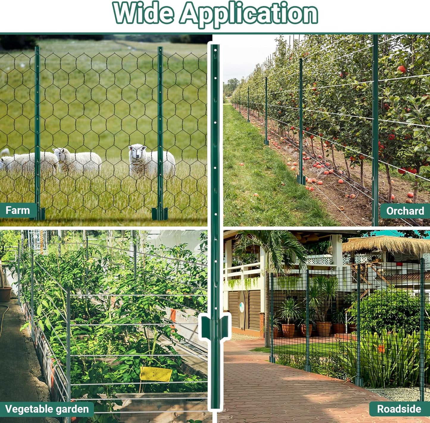 Fence Post 4 FT - 10 Packs, Metal Heavy Duty U Posts, Powder-Coated for Long-Lasting Use, Perfect for Holding Wire &Plastic Mesh, Corner Anchors, Green