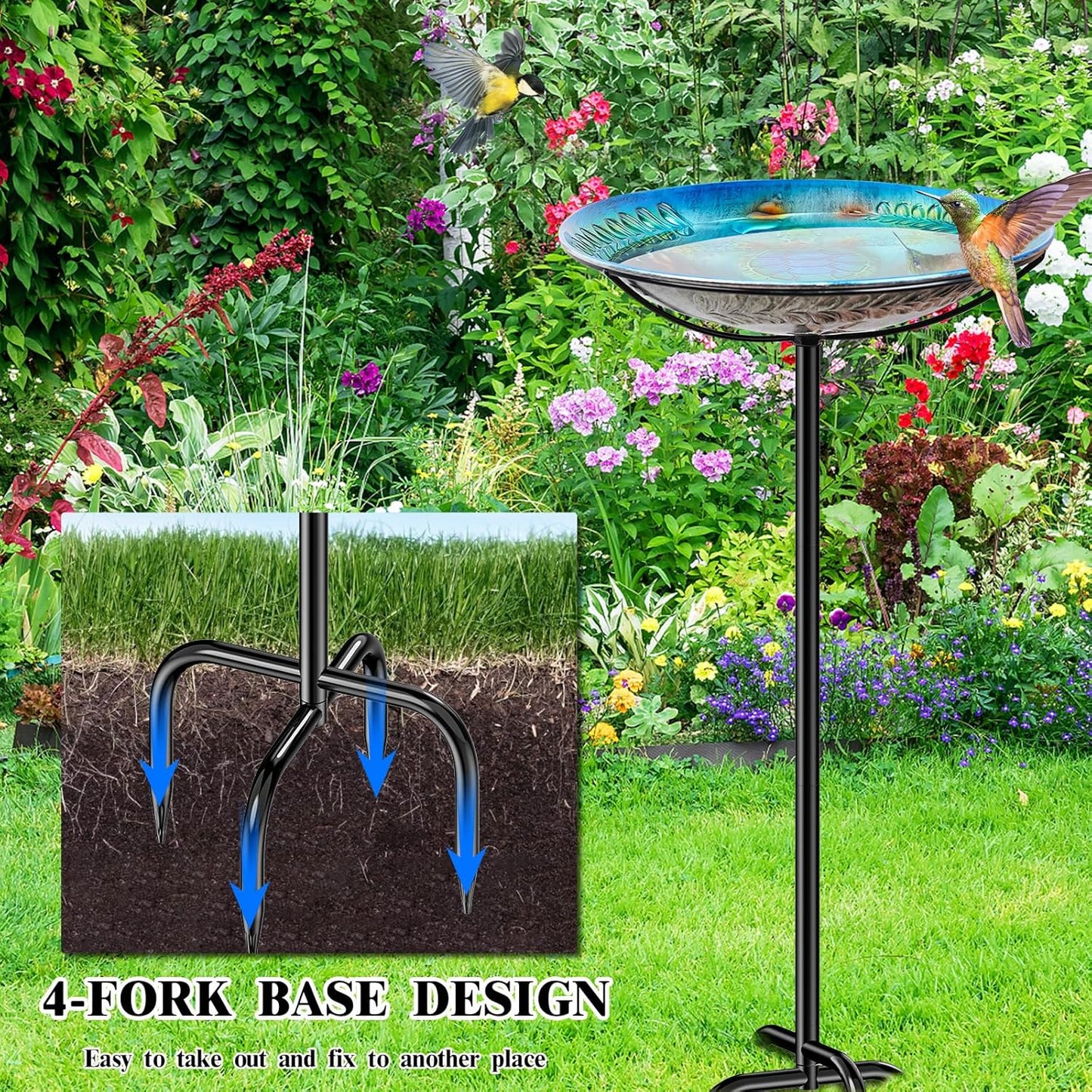 Metal Bird Bath for Outside Feeder Bowl, Detachable Birdbath & Birdfeeder with Base Stake, Vintage Bird Baths for Outdoors Garden Yard Lawn Decor (Blue)