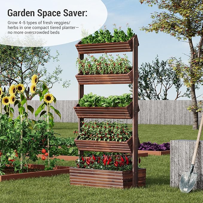 RHINEINMIST Vertical Wooden Raised Garden Bed Planters Wood Planter Kit Plant Stand Flower Rack Planter Box Gardening Plants Herbs Flowers Vegetables Outdoor Indoor Freestanding (Carbonized 5-Tier)