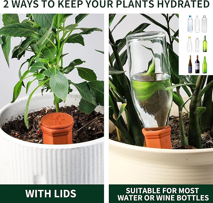 Soilagua Large Terracotta Watering Spikes with Lids, Automatic Plant Waterer Outdoor | Indoor, Vacation Friendly Clay Plant Watering Devices System, Slow Release Self Watering Planter Insert, 8 Pack