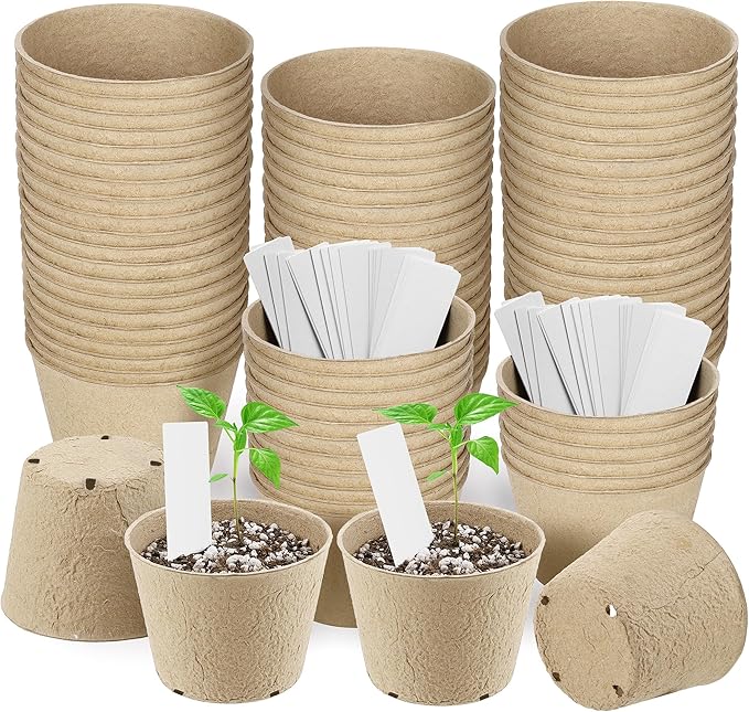 Hahood 80-Piece Biodegradable Round Nursery Pots, 4x4x3 Inch, Brown, Outdoor, Seedling Pot, PLANTER