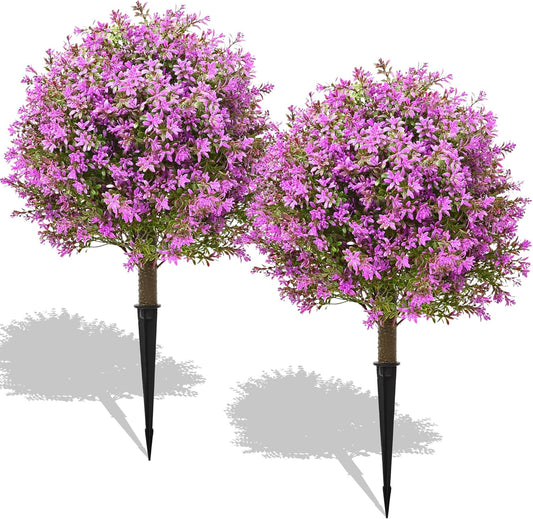 28" Artificial Boxwood Topiary Tree Purple, Set of 2 UV Resistant Fake Evergreen Shrubs Bushes with Ground Spike, Realistic Plants for Outdoor Indoor Front Porch Garden Home Decor